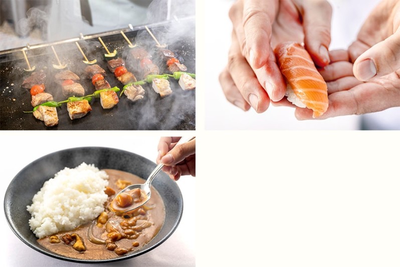 ブロシェット（牛豚鶏の串焼き）、目の前で握る寿司、じっくり煮込んだカレーライス（大人用）の写真
