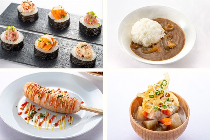 海鮮のせ巻き寿司2貫、甘口キッズカレー、粗挽きフランクフルト、ゴロゴロ野菜の豚汁の写真