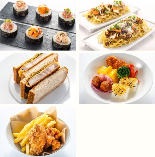 海鮮のせ巻き寿司、牛すじぼっかけ焼きそば、ローストポークカツサンド、キッズランチ、ポテトフライ＆から揚げ
